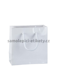 Papírová taška 14x7x14 cm s bavlněnými držadly, bílá lesklá